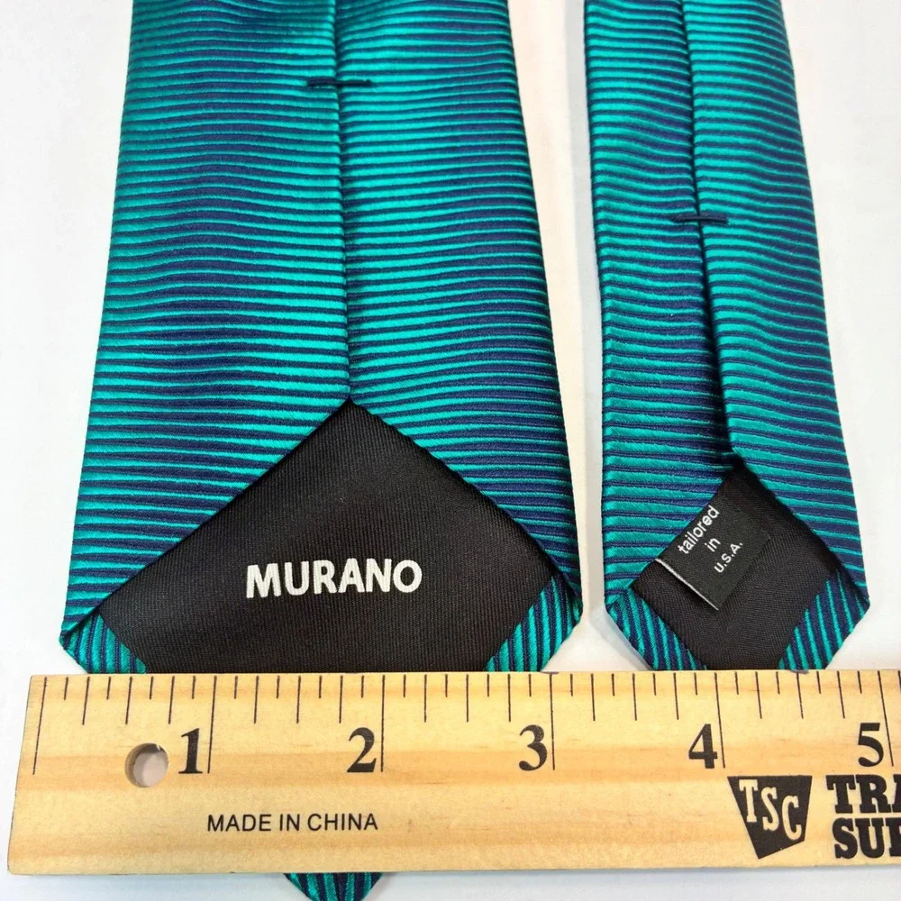 Murano Mens Silk Tie Emerald Green Navy Blue Striped Ribbed Texture USA Made